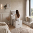 Coiffeuse 3-en-1 RUBI avec miroir, tabouret, rangement et tiroirs – Blanc