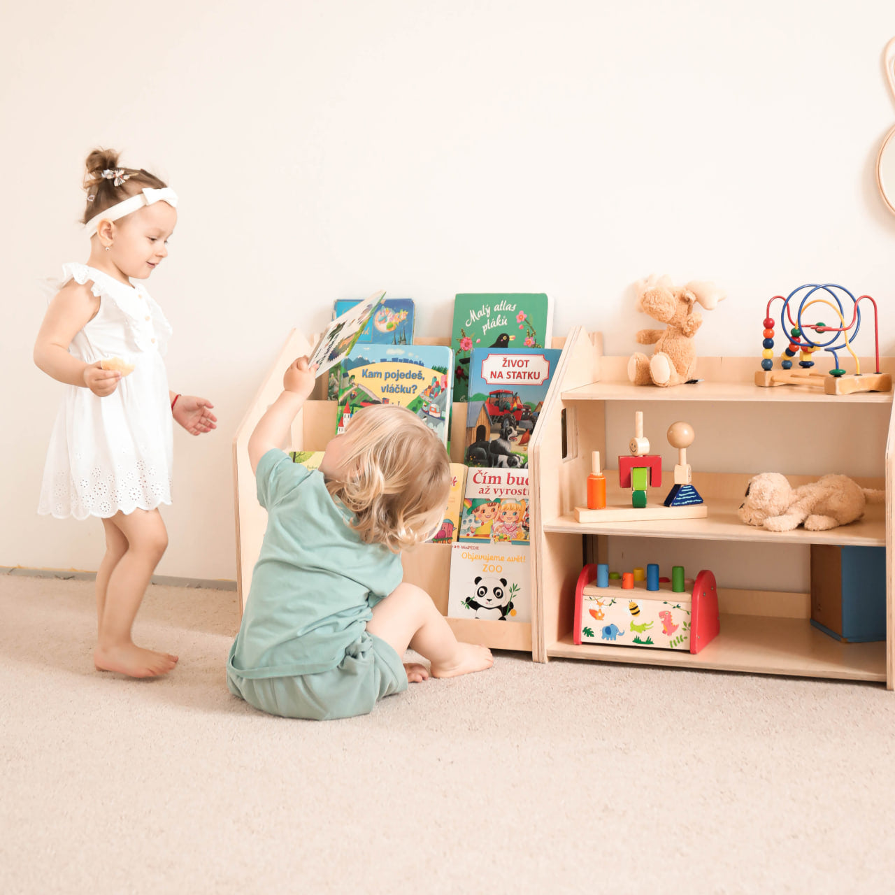 Bibliothèque Enfant En Bois Et Tissu - 6 Compartiments De Rangement Pour Livres Et Jouets - Dimensions 75x30x76 Cm - 8